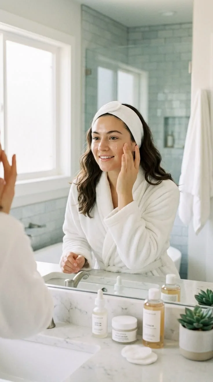 Woman applying skincare product in bathroom mirror