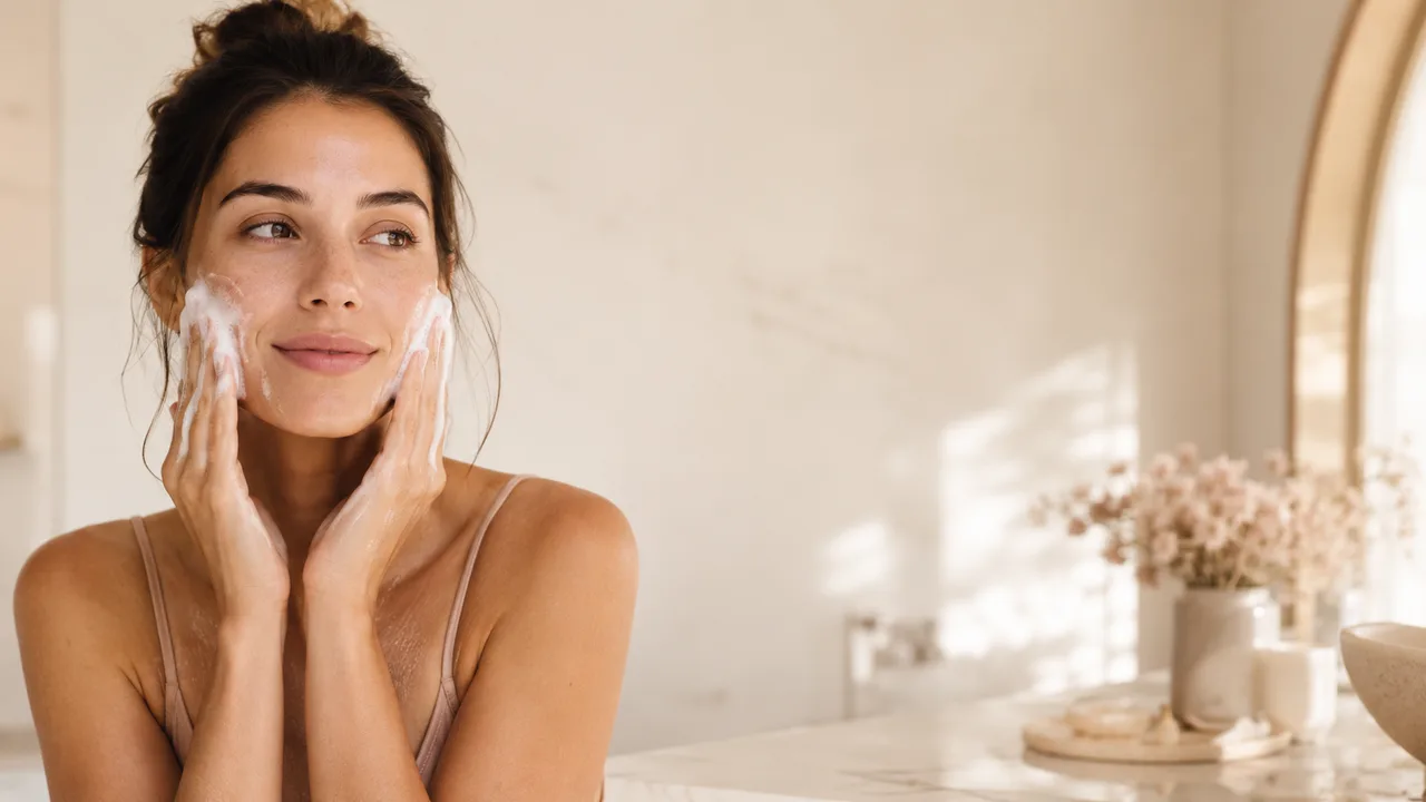 Woman applying foaming cleanser to her face
